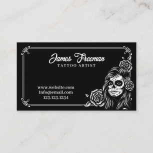 Mörk Black and White Women Skull Tattoo Artist Visitkort