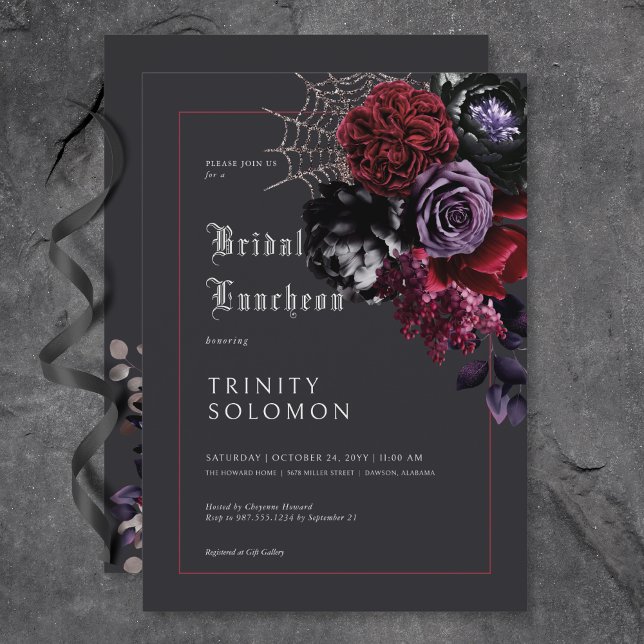 Mörk Black Blommigt & Silver Webben Möhippa Lunche Inbjudningar (Dark Black Floral & Silver Web Bridal Luncheon Invitation)