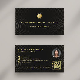Mörk Black & Guld Monogram Sleek Notary QR Photo Visitkort