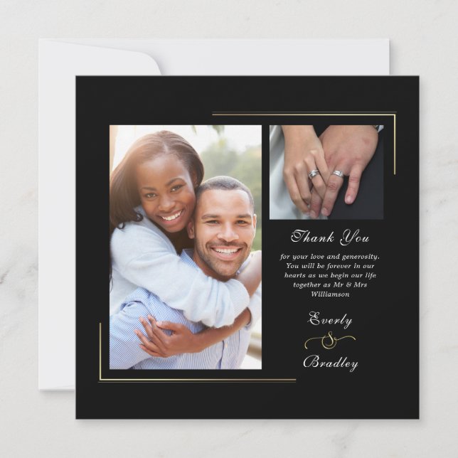 Mörk Black Guld White Script Photo Tack Inbjudningar (Framsida)