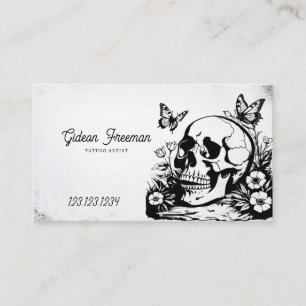 Mörk Black & White Skull Butterflies Tattoo Artist Visitkort