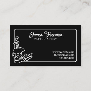 Mörk Black & White Skull Knivar Tattoo Artist Visitkort
