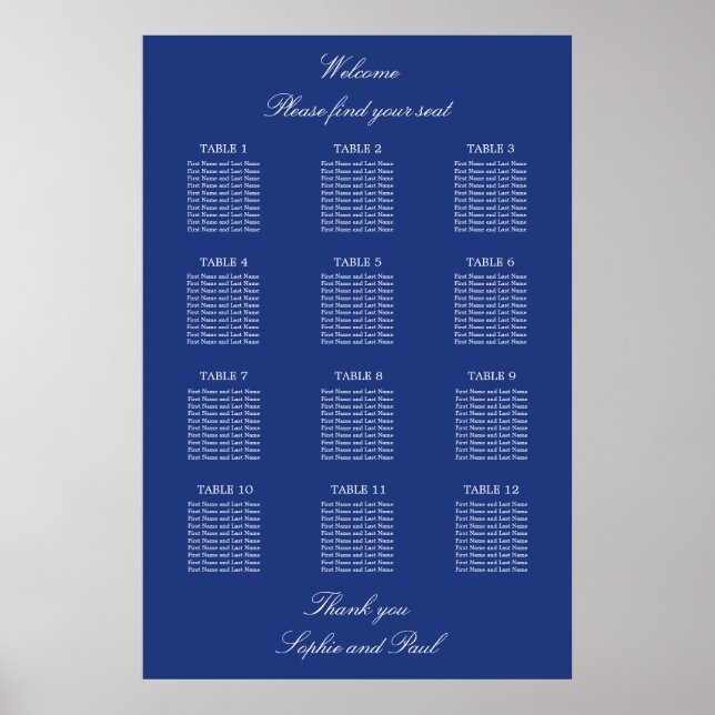 Mörk blått 12 Bord Bröllop-sätesdiagram Poster (Framsidan)