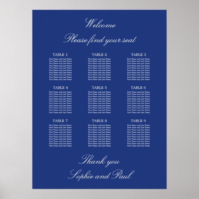 Mörk blått 9 Bord Bröllop-sätesschemat Poster (Framsidan)