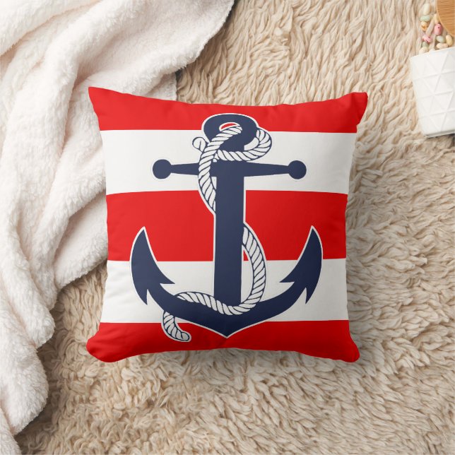 Mörk blått Anchor Chic Nautical Red Rand Mönster Kudde (Filt)