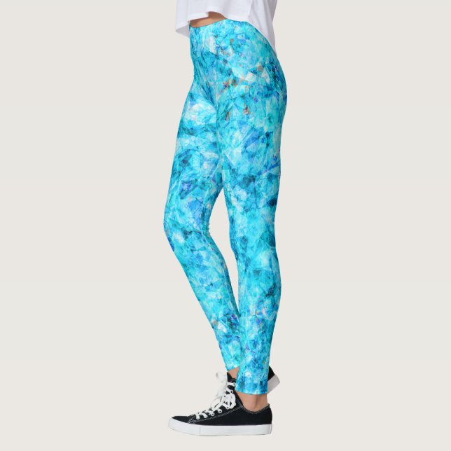 Mörk blått Aqua Turcos Polygon Art Mönster Leggings (Vänster)