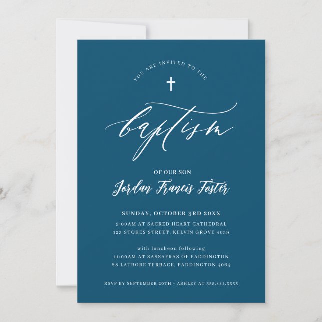 Mörk blått BAPTISM minimal kalligrafi-elegant Inbjudningar (Framsida)