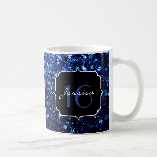 Mörk blått, blanka faux glitter gnistra Sweet 16 Kaffemugg (Höger)