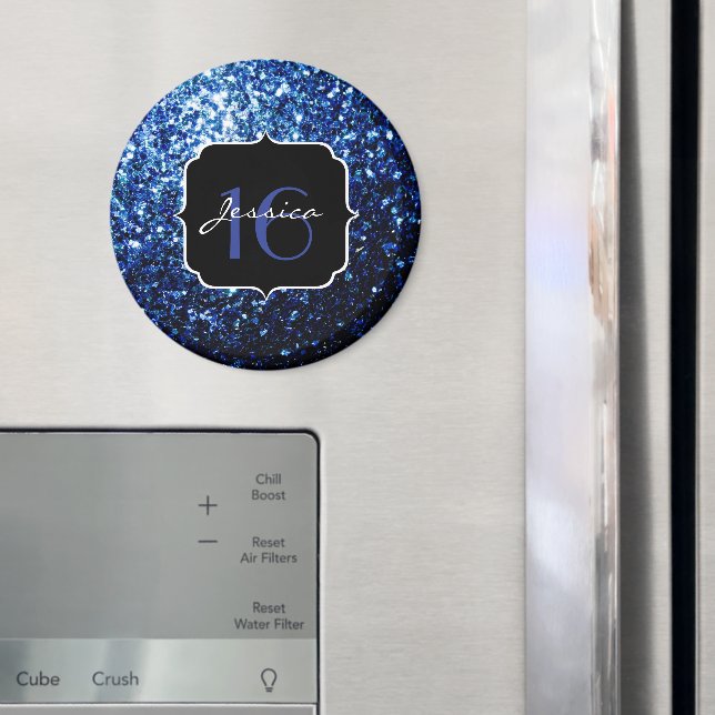 Mörk blått, blanka faux glitter gnistra Sweet 16 Magnet (In Situ (Fridge))