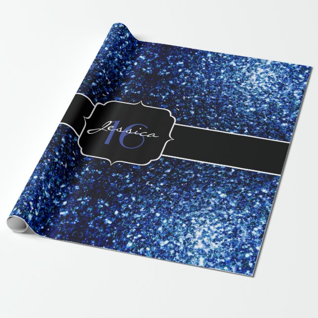 Mörk blått, blanka faux glitter gnistra Sweet 16 Presentpapper (Utrullad)