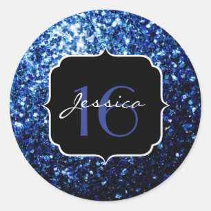 Mörk blått, blanka faux glitter gnistra Sweet 16 Runt Klistermärke