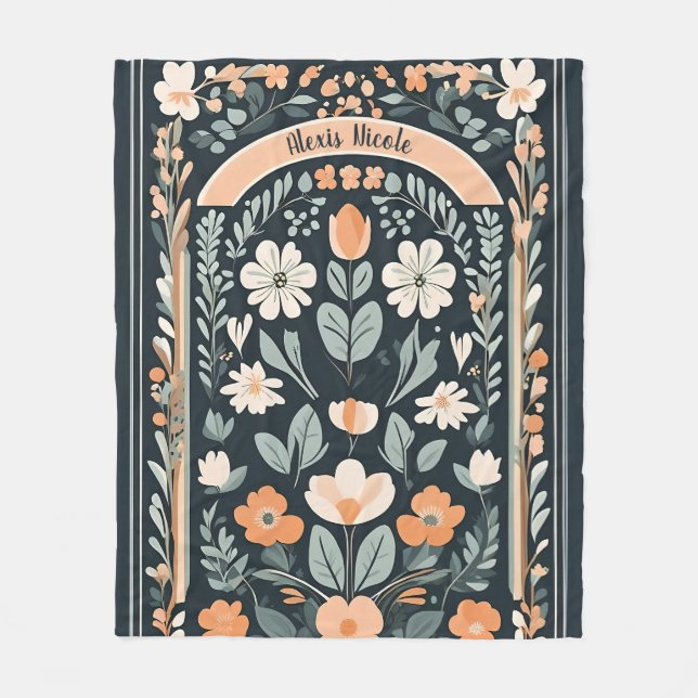 Mörk blått Blommigt Folk Fleecefilt (Framsidan)