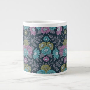 Mörk blått Blommigt, Grönt och Lila Jumbo Mugg
