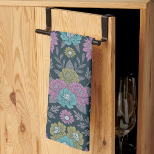 Mörk blått Blommigt, Grönt och Lila Kökshandduk