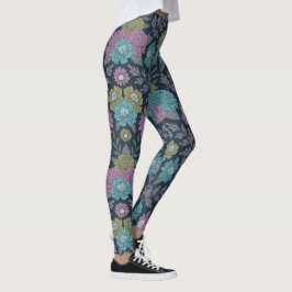 Mörk blått Blommigt, Grönt och Lila Leggings