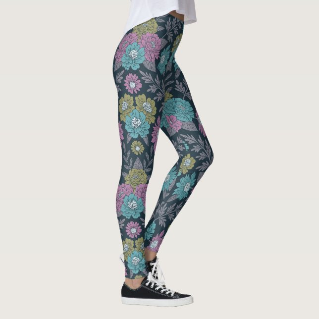 Mörk blått Blommigt, Grönt och Lila Leggings (Höger)