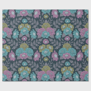 Mörk blått Blommigt, Grönt och Lila Presentpapper