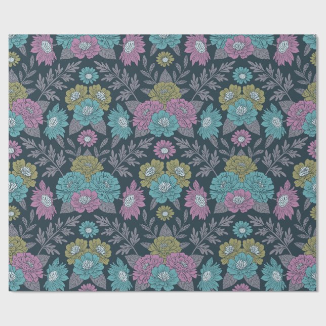 Mörk blått Blommigt, Grönt och Lila Presentpapper (Platt)
