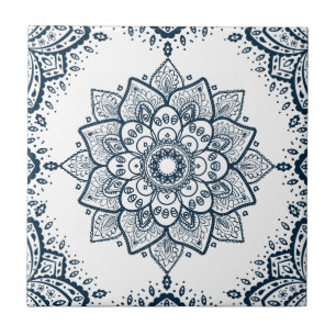 Mörk blått Blommigt Mandala & Ram Kakelplatta
