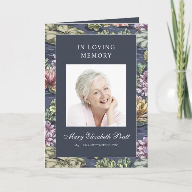 Mörk blått Blommigt multifoto-begravning Program (Framsida)