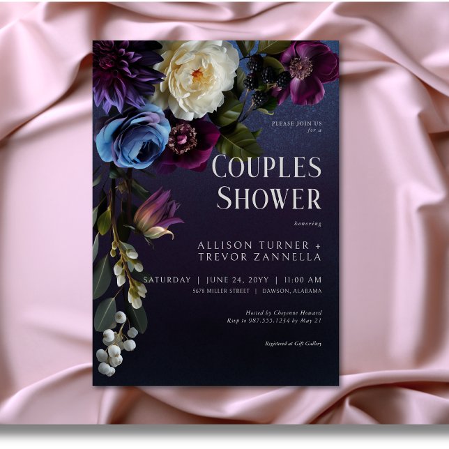 Mörk blått Blommigt och Lila Moody Par-dusch Inbjudningar (Dark Blue & Purple Floral Moody Couples Shower Invitation)