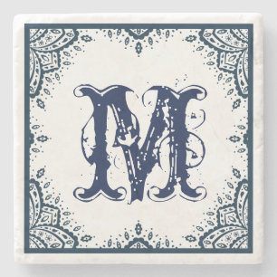 Mörk blått Blommigt Paisley Ram Monogram Stenunderlägg