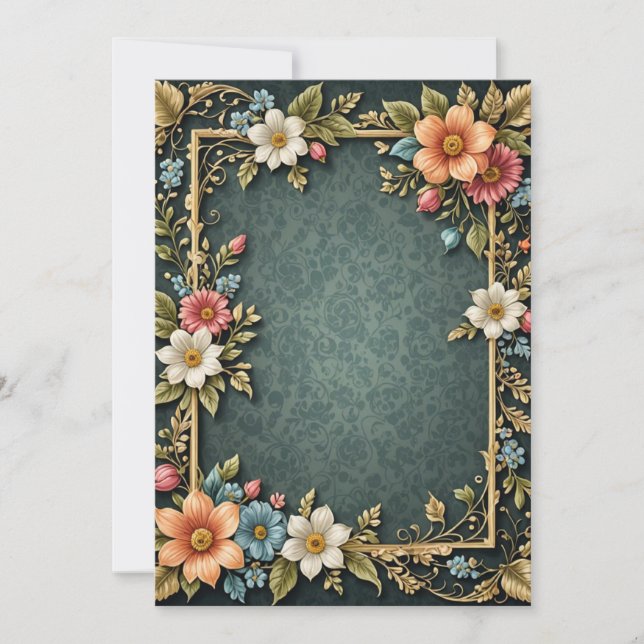 Mörk blått Blommigt Parchment Bröllop Inbjudningar (Framsida)