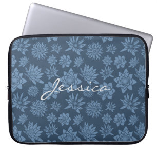 Mörk blått Blommönster för söt Laptop Fodral