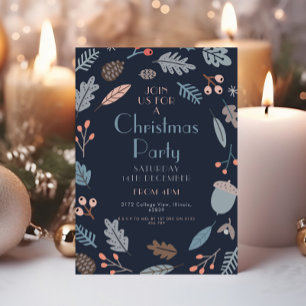 Mörk blått botaniska julafton Party Lövs Acorns Inbjudningar