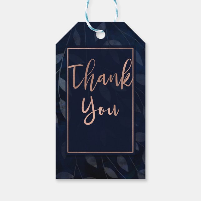 Mörk blått botaniska Löv Modern Rosa Bröllop Presentetikett (Framsidan)