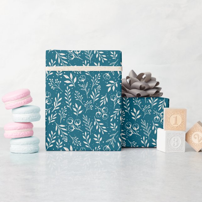 Mörk blått Botaniska Mönster - Pappra rullar Presentpapper (Baby Shower)