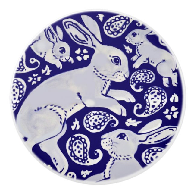 Mörk blått Dancing Rabbits Whimsical Paisley Bunny Knopp (Framsidan)