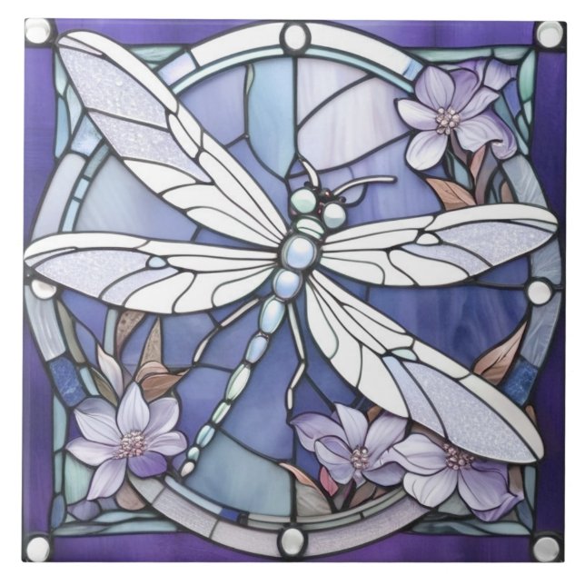 Mörk blått Dragonfly, fastsatt glasblomma Kakelplatta (Framsidan)