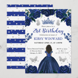 Mörk blått Dress Mörk Skin Princess Birthday Inbjudningar