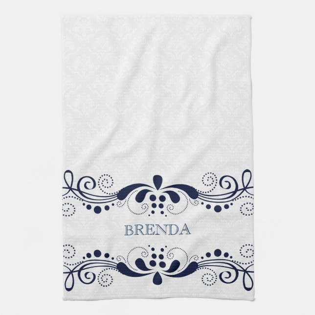 Mörk blått Elegant Blommigt Swirls Ram Monogram Kökshandduk (Vertikal)