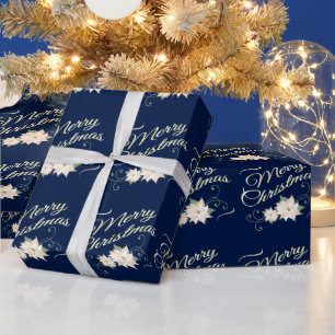 mörk blått Elegant God jul White Poinsettia Presentpapper