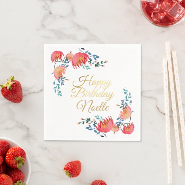 Mörk blått, Elegant, Whimsical Flowers, Guld accen Pappersservett (Insitu)