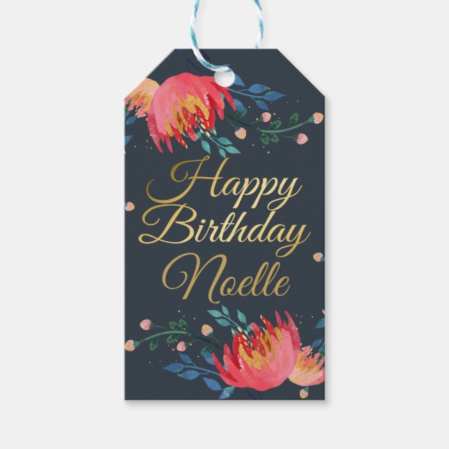 Mörk blått, Elegant, Whimsical Flowers, Guld accen Presentetikett (Framsidan)