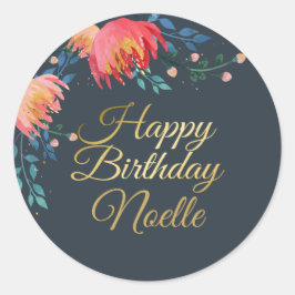 Mörk blått, Elegant, Whimsical Flowers, Guld accen Runt Klistermärke