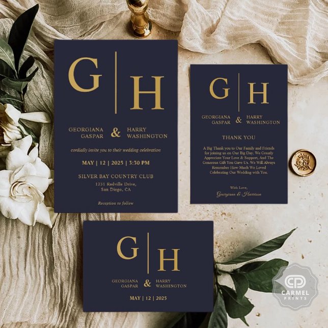 Mörk Blått Färg och Guld Olika Bröllop Inbjudningar (Dark Navy Blue Color And Gold Plain Wedding Invitation)