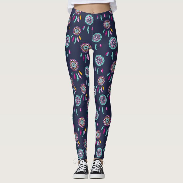 Mörk blått färgstarka Dreamcatchers Leggings (Framsida)