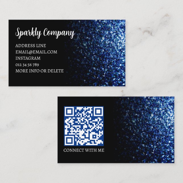 Mörk blått Faux-gnistra svart elegant QR-kod Visitkort (Fram/baksida)