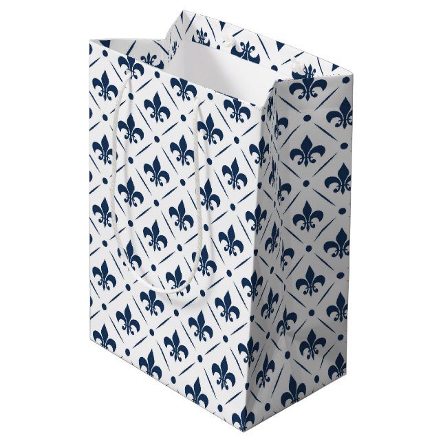 Mörk blått Fleur De Lis mönster på vit bakgrund (Baksidan Vinklad)