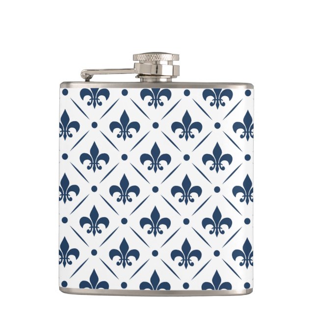Mörk blått Fleur De Lis mönster på vit bakgrund Fickplunta (Framsidan)