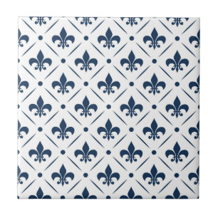 Mörk blått Fleur De Lis mönster på vit bakgrund Kakelplatta