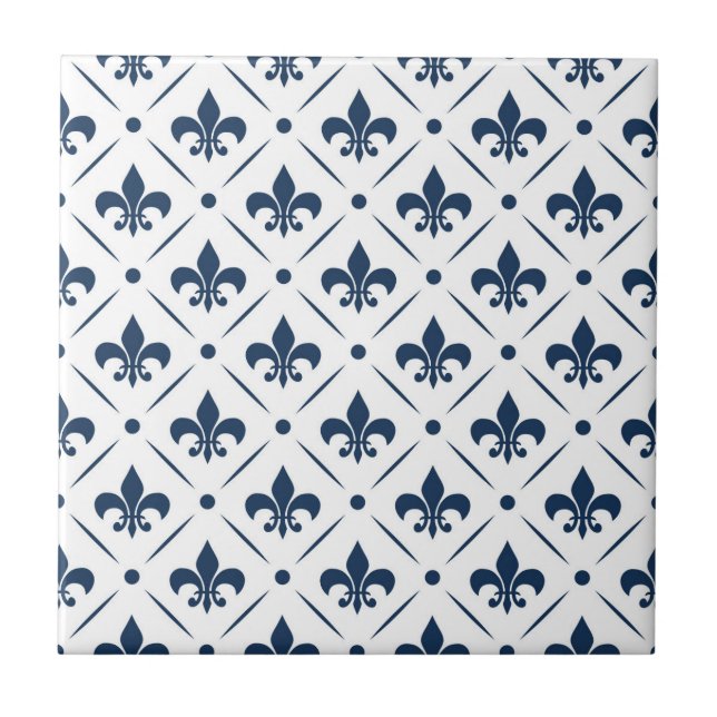 Mörk blått Fleur De Lis mönster på vit bakgrund Kakelplatta (Framsidan)