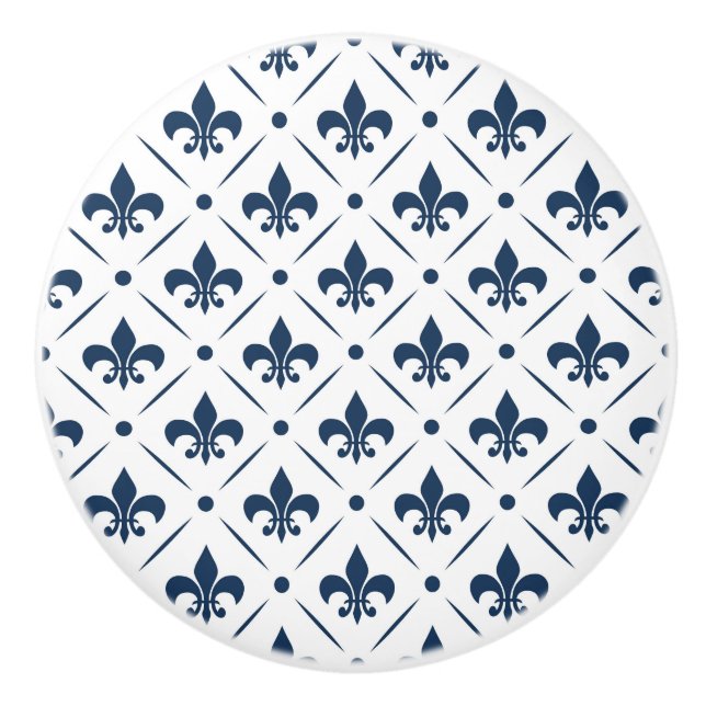 Mörk blått Fleur De Lis mönster på vit bakgrund Knopp (Framsidan)