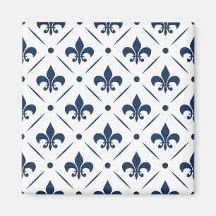 Mörk blått Fleur De Lis mönster på vit bakgrund Magnet