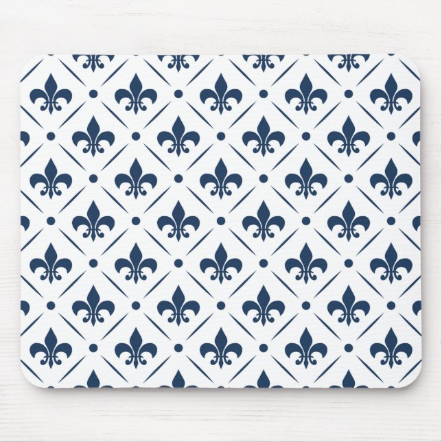 Mörk blått Fleur De Lis mönster på vit bakgrund Musmatta (Framsidan)