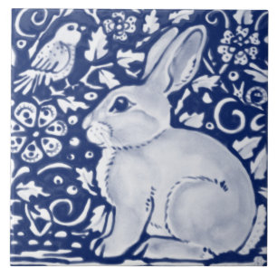 mörk blått flottan Kobalt Rabbit Bird Chinoiseri Kakelplatta